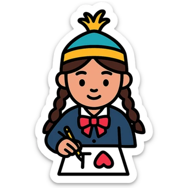 Kazakh girl in Korean foreign school uniform, drawing the letter T with a heart on a sheet of paper sticker