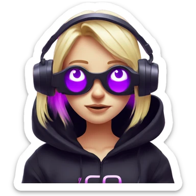 Russian cute blond student girl wearing black hoody with violet letters "OMG", in vr headset. No eyes. Cyberpunk style. Violet neon. sticker