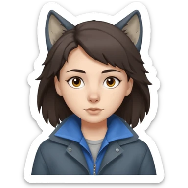 Hobo tomboy with dark brown hair in a wolf cut style, brown eyes, dirty dark grey coat, blue-grey shirt. sticker
