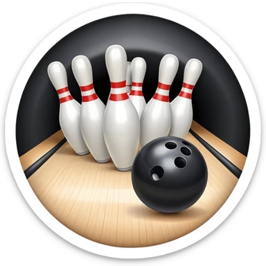 A bowling ball rolling down the lane towards a set of pins, with the pins poised to fall. The scene is set in a bowling alley with bright lights and a polished wooden floor, capturing the excitement and precision of the sport. sticker