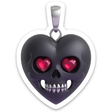 3D emoji gothic heart, black satin texture, silver skull charm, deep red gemstone sticker