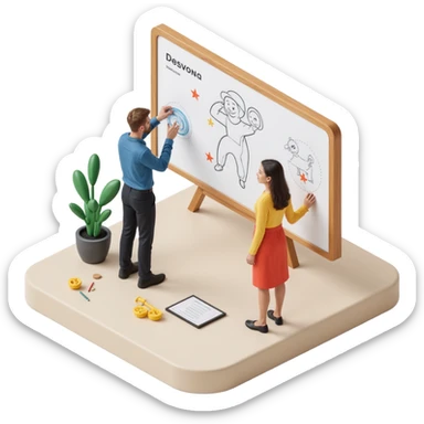 designers collaborating and drawing on a whiteboard, skeuomorphism style sticker