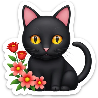 color outline icon of a black cat with flowers sticker