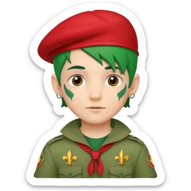 scout boy face tatooes green haired, wearing red uniform with hat sticker