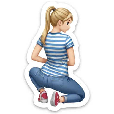 young woman with ponytail wearing jeans and striped t-shirt kneeling viewed from behind sticker