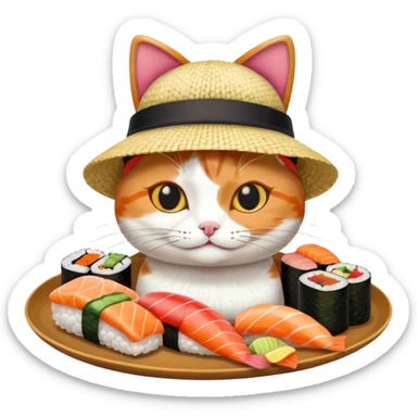 cat wearing a hat made out of sushi sticker
