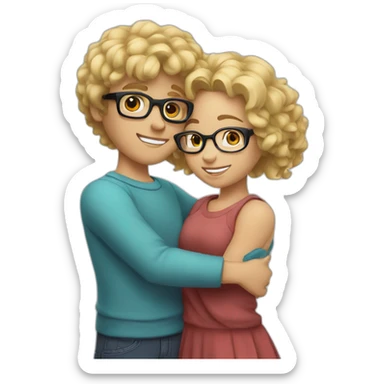 boy with curly blonde hair and glasses hugging girl with black hair and glasses sticker