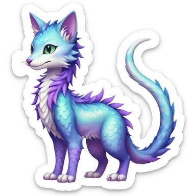 Kawaii iridescent beautiful pretty elegant divine edgy fantasy feline-vernid-sergal-fursona animal creature with a tufted tail full body with intricate markings  sticker