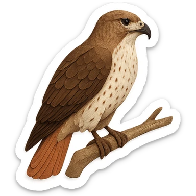 very detailed red-tailed hawk perched on a tree branch, intricate cut paper textures, rich brown feathers, pale chest, reddish tail, realistic markings sticker