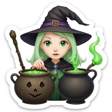 Witch with a huge nose and warty skin holding a cauldron filled with green potion sticker