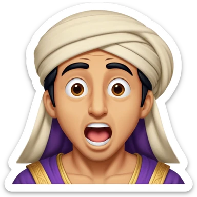 Cinematic Realistic Aladdin Portrait, head tilted slightly with a dramatic, wide-open yawn, revealing a relaxed, yet still vigilant expression. The lifelike textures of his skin and carefully rendered fabric of his attire combine with warm, ambient lighting to capture a moment of endearing, laid-back heroism. sticker
