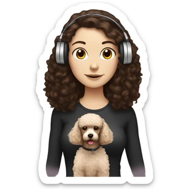 White girl, dark long hair in headphones with brown poodle sticker