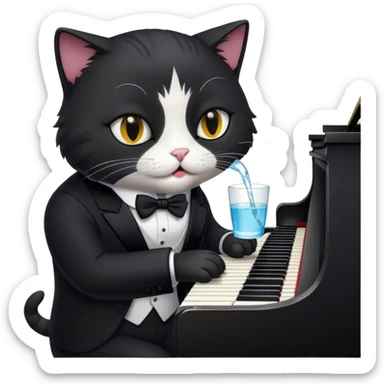 Um gato de terno preto tocando piano bebendo águaUm gato de terno preto tocando piano bebendo água sticker