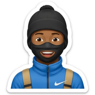 black guy with nike ski mask on squinching his face trying to hold his laugh with his eyes closed sticker