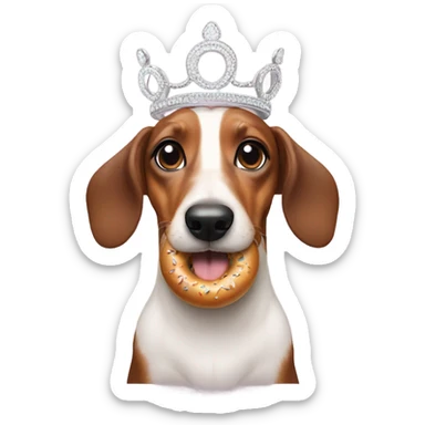 a confused sausage dog with a tiara eating a bagel sticker