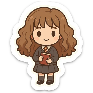 cute chibi character inspired by Hermione Granger with the same proportions as Luna Lovegood chibi, voluminous brown hair, Hogwarts uniform including sweater, tie, skirt, socks, and shoes, holding a book, transparent background, same style as references sticker