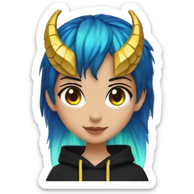 Lady with brunette and iridescent blue hair, gold, lime green dragon wings, black hoodie, bleach dyed, black and gold Nike t shirt, and bright red eyes sticker