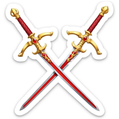 Two crossed swords that are golden in blade and handle and have fiery and royal appearence to them as well as red gem stones yellow in color sticker