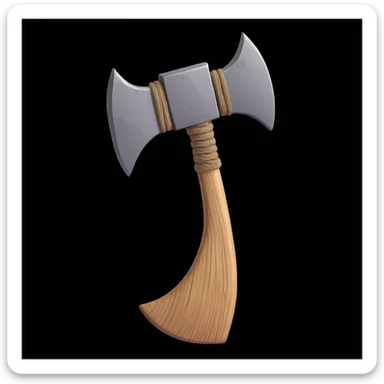 3D emoji style cartoon Stone Age hand axe, featuring a rough gray stone blade, textured wooden handle, and thick rope binding. Centered on a white background, with soft shadows and glossy highlights for a 3D emoji-like appearance. sticker
