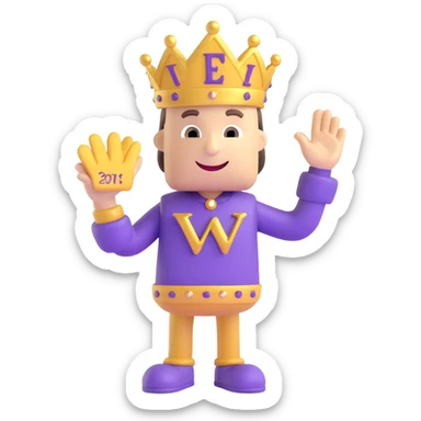 friendly mascot character standing front-and-center, one arm raised in a welcoming wave, holding a small 'Welcome' sign in gold letters, outfit in Qame purple (#4B2091) with gold accents, soft drop shadows, simple light-grey gradient background sticker