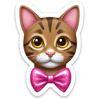 brown tabby cat with a pink sparkly bow sticker