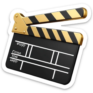 cartoon movie clapper, simple design with gold top part and white bottom part, black diagonal stripe sticker