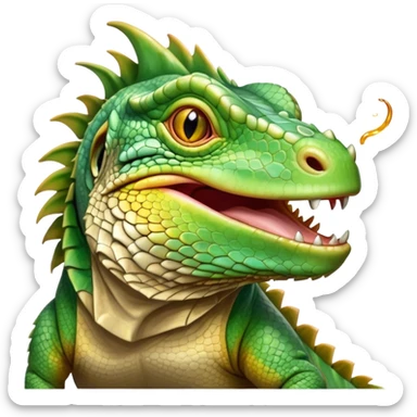 Cinematic Realistic Cute Yawning Iguana Portrait Emoji, Head tilted slightly with a dramatic, wide-open yawn, showcasing a soft, textured green-scaled face with gently drooping features and half-closed, drowsy amber eyes, rendered with natural detail and subtle shadows, high shine, relaxed yet expressive, styled with a dash of tropical charm, soft glowing outline, capturing the essence of a sleepy yet affectionate iguana that appears ready to stretch out and enjoy a peaceful nap! sticker