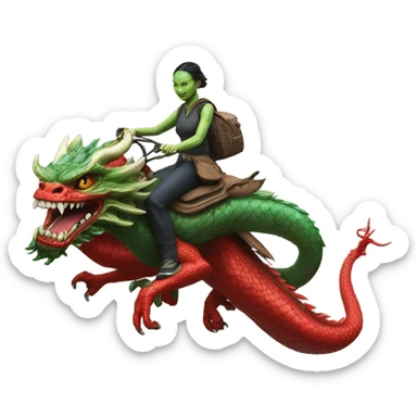 Photo realistic, alien female green,  on red china dragon sticker