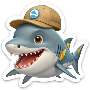 Un tiburón con aspecto gruñón pero con una sonrisa, que tenga una gorra de la marca barbas hats hacia atrás sticker