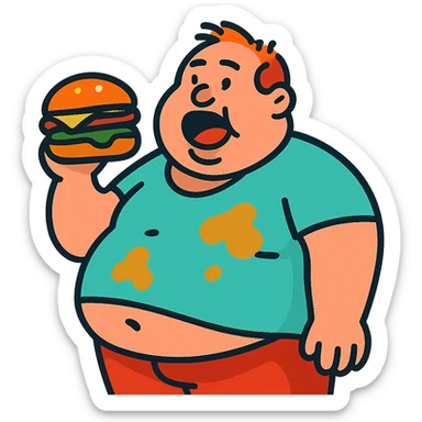 fat man with a shirt that doesn't fit him and has grease stains, holding a burger sticker