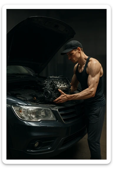 a lean, slimmed-down bodybuilder in gym clothes stands beside a large, imposing car (like an SUV or luxury sedan) with the hood open. Con attenzione e un po’ di fatica, solleva e installa un piccolo motore nel grande vano motore dell’auto. Il contrasto tra la stazza dell’auto e la dimensione ridotta sia del motore che del bodybuilder è evidente. L’atmosfera è riflessiva e simbolica. sticker