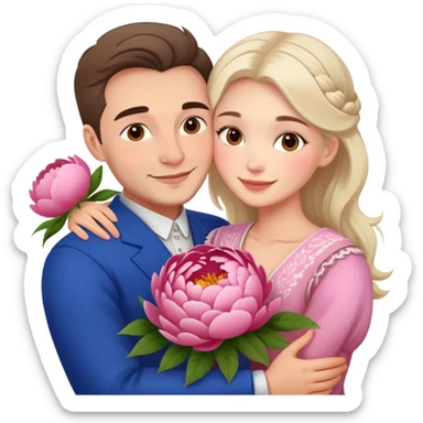 couple hug with warm smiles Ukrainian girl and russian man elegant peonies  sticker