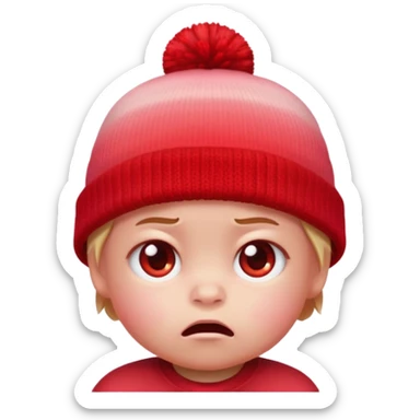 a baby red upset face emoji with a glowing pastel red gradient behind it, red beanie hat on sticker