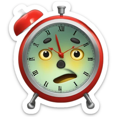 A fearful red wind-up alarm clock with big cartoony eyes sticker