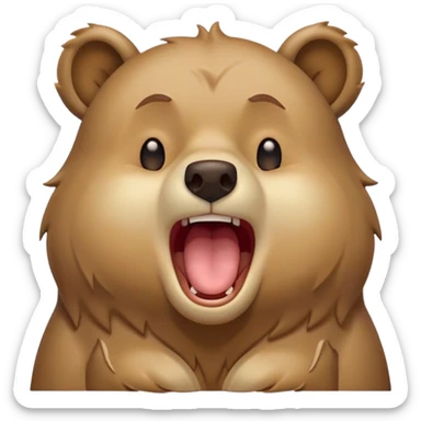 Cinematic Cute Yawning Bear Portrait Emoji, Head tilted slightly with a dramatic, wide-open yawn, showcasing a soft, plush dark brown fur with drooping ears, round eyes barely open in drowsy contentment, Simplified yet irresistibly adorable features, highly detailed, glowing with a soft, cozy glow, high shine, relaxed yet expressive, stylized with a touch of woodland charm, bright and endearing, soft glowing outline, capturing the essence of a sleepy yet affectionate bear, so drowsy it feels like it could lumber out of the screen and curl up for a nap! sticker