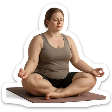 hyper realistic 4K woman doing yoga, fat on thighs and legs, normal physique, relaxing atmosphere, realistic details sticker