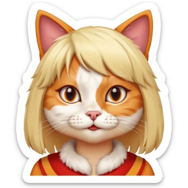 A cat with a wig on and red human nails sticker