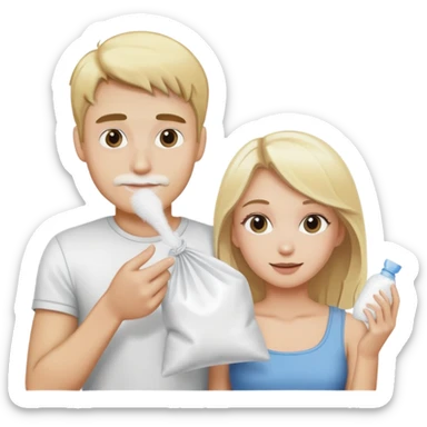 Blonde guy and blonde girl sharing a plastic bag of white powder sticker