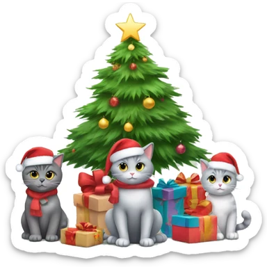 Four gray cats sitting under a Christmas tree  sticker