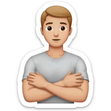 Guy crossing his arms holding neck sticker