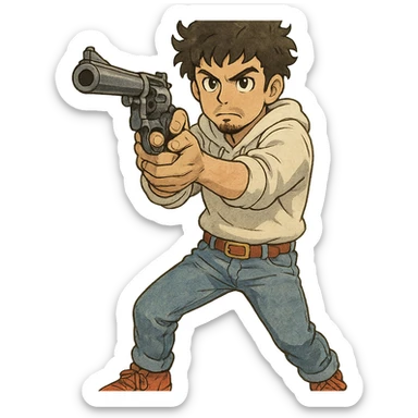 1 male, mid fade haircut dark chestnut brown curly hair, toasted lightskin, white hoodie sleeves up, fashion jeans, red fashion-sneakers shoes, red belt, short trimmed beard and goatee,  style of deku from "my hero academia", drawing a magnum revolver like dirty harry sticker