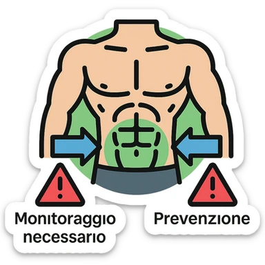 infografica in italiano, bodybuilder con zona bassa del busto evidenziata da alone verde, frecce che indicano Monitoraggio necessario e Prevenzione, icone di attenzione, stile medico, sfondo bianco sticker