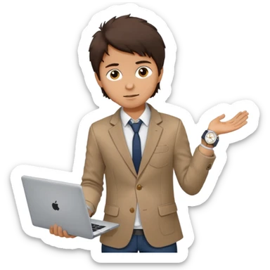 a tan boy with messy dark brown hair. Wearing a blazer and carrying a lapotop. watch on wrist sticker