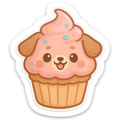 cupcake with pink icing and dog face, playful and whimsical style sticker