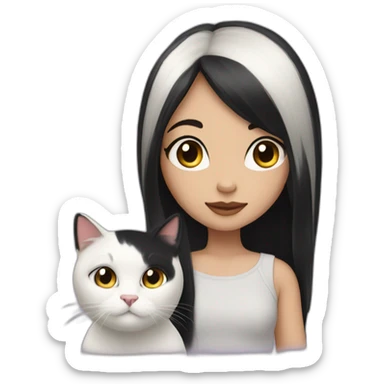 Girl with long black hair and oliva skin with her black and white cat sticker
