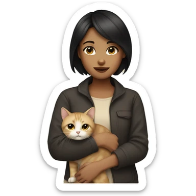 A girl with short black hair holding a beige cat sticker