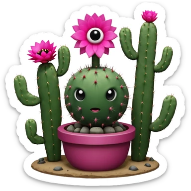 Cactus is a spherical dark green cactus with several white spikes protruding out of its surface, it has 2 eyes with huge pupils and highlights above it is a bright pink flower. Behind the Cactus is a stem holding a smaller cactus base appearing as a catapult sticker