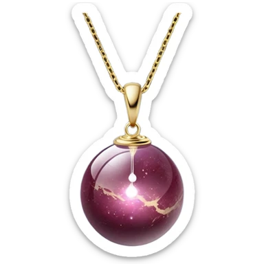 A polished round ball wine granite pendant suspended from a delicate gold chain, like a drop of enchanted starlight, glowing with the warmth of passion and the quiet power of transformation ethereal floating magical moving sticker