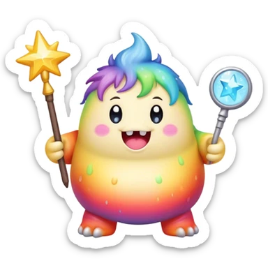 Kawaii derpy fat rainbow monster with magic wand  sticker
