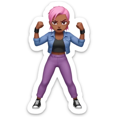 full body angry feminist with half bald head and half pink hair, extremely angry facial expression, fists clenched, aggressive stance sticker